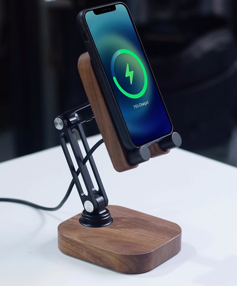 Black Walnut And Aluminum Alloy Phone Stand - Adjustable Angle