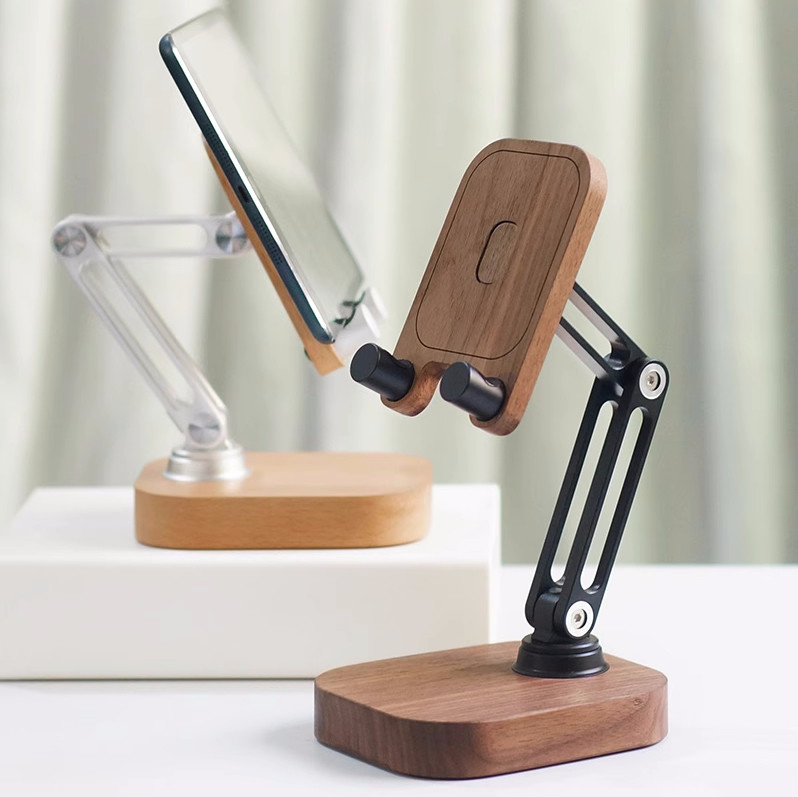 Black Walnut And Aluminum Alloy Phone Stand - Adjustable Angle