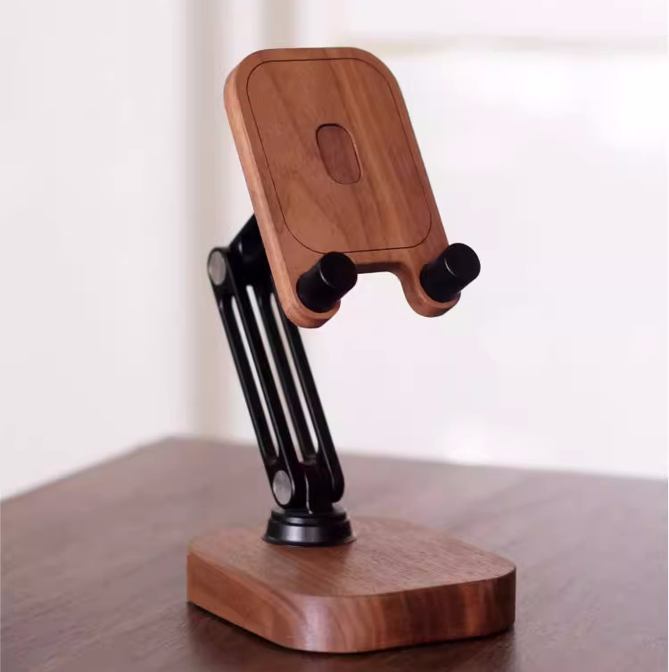 Black Walnut And Aluminum Alloy Phone Stand - Adjustable Angle