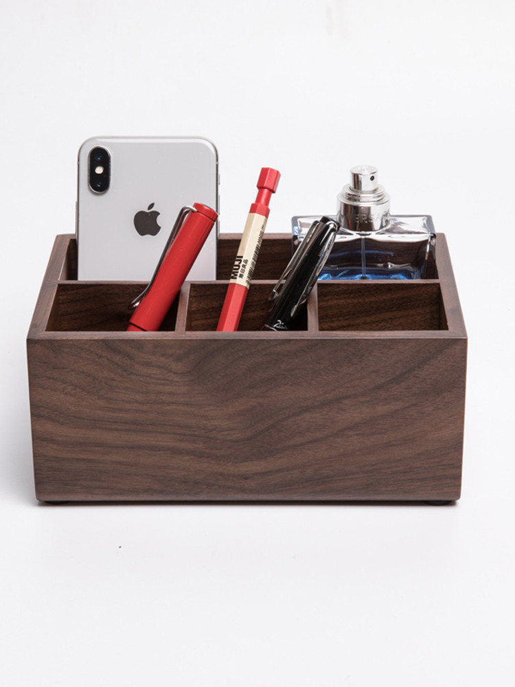 Black Walnut Desktop Storage Box, Organize Remotes, Phone Holder, Stationery