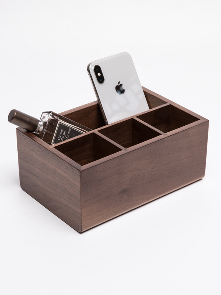 Black Walnut Desktop Storage Box, Organize Remotes, Phone Holder, Stationery