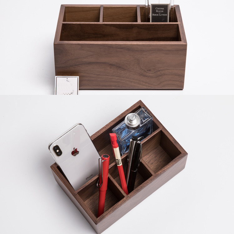 Black Walnut Desktop Storage Box, Organize Remotes, Phone Holder, Stationery