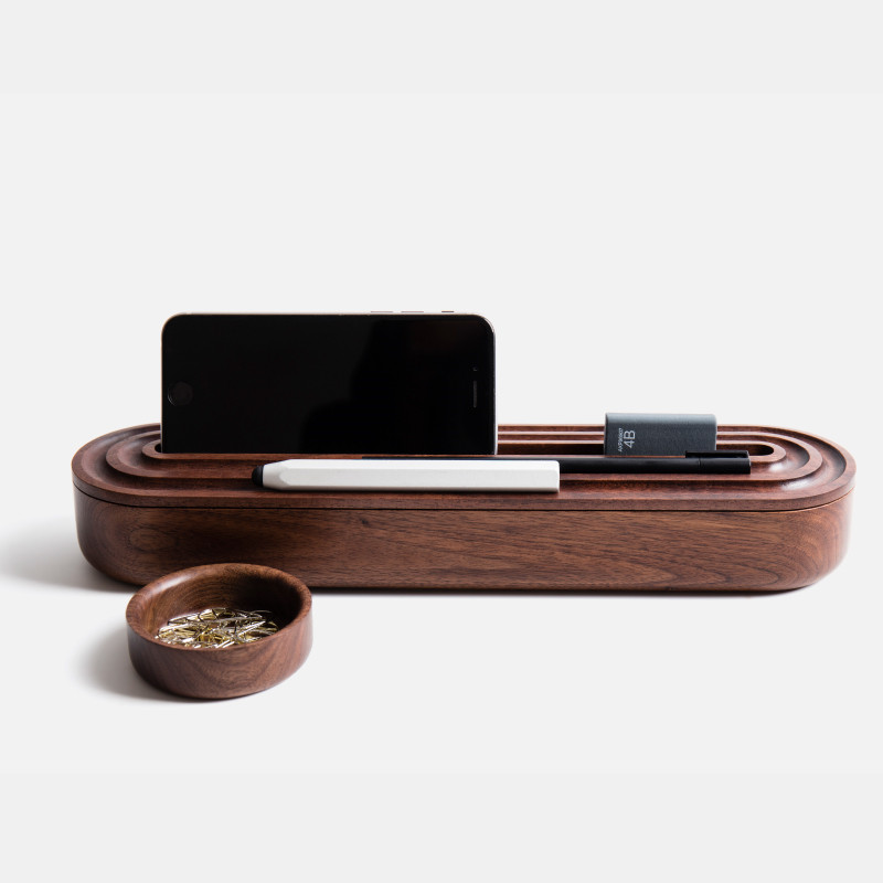 Black Walnut Wooden Office And Study Organizer With Phone Stand