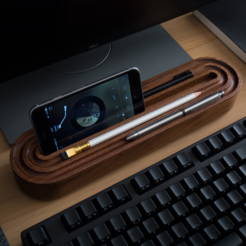 Black Walnut Wooden Office And Study Organizer With Phone Stand