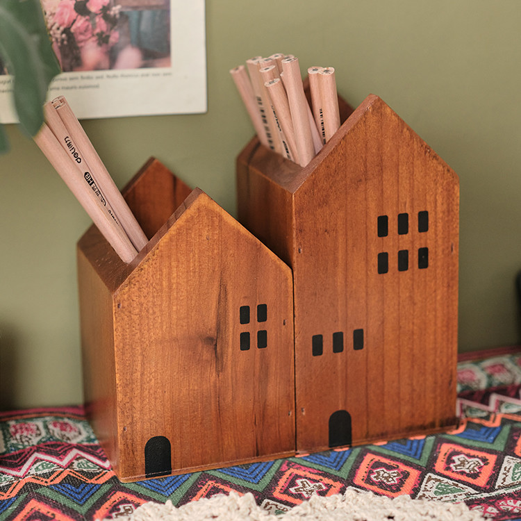 Classic Small Wooden Cabin Pen Holder - Office Desktop Organizer