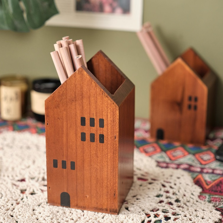 Classic Small Wooden Cabin Pen Holder - Office Desktop Organizer