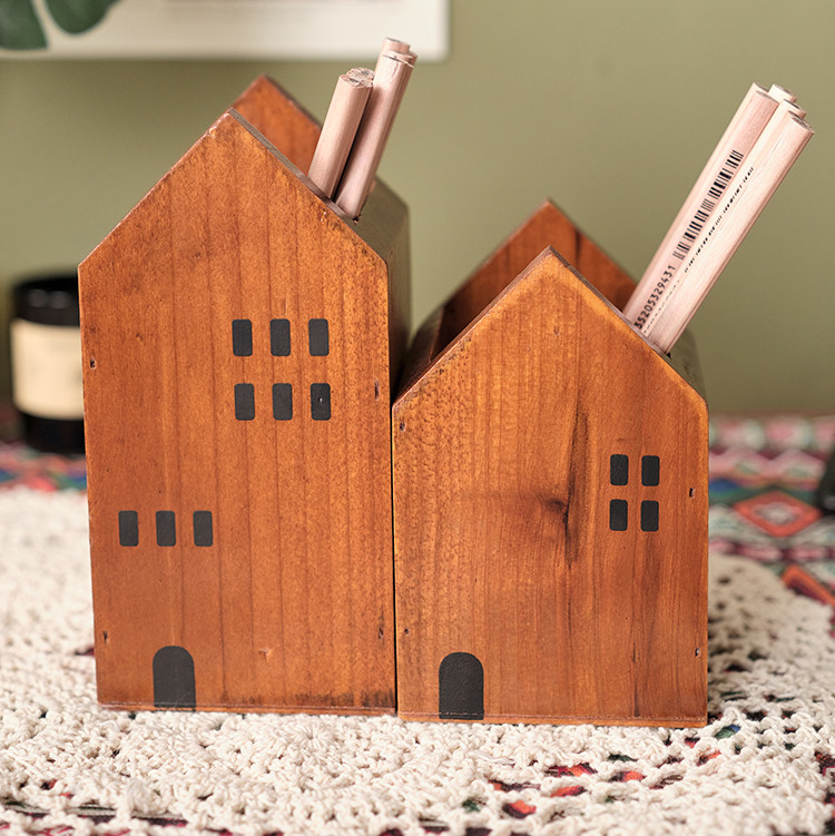 Classic Small Wooden Cabin Pen Holder - Office Desktop Organizer