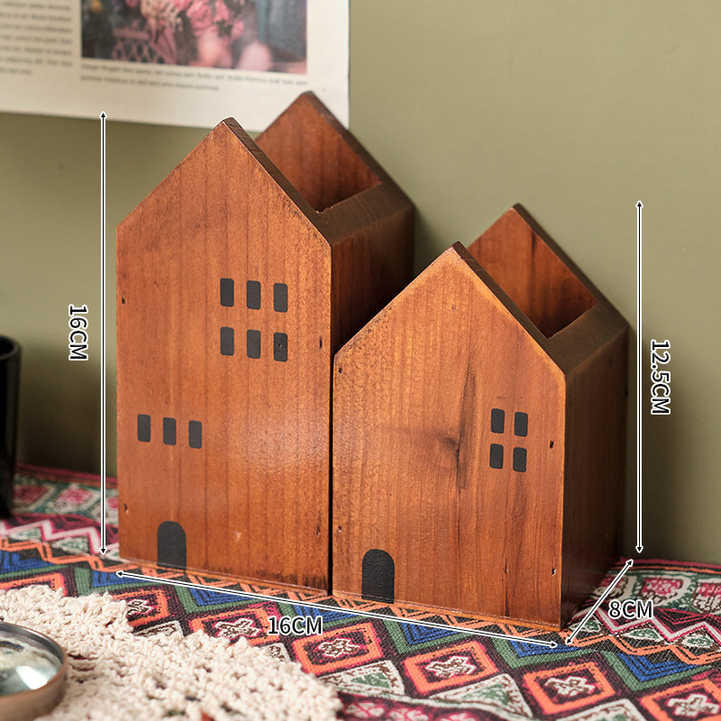 Classic Small Wooden Cabin Pen Holder - Office Desktop Organizer