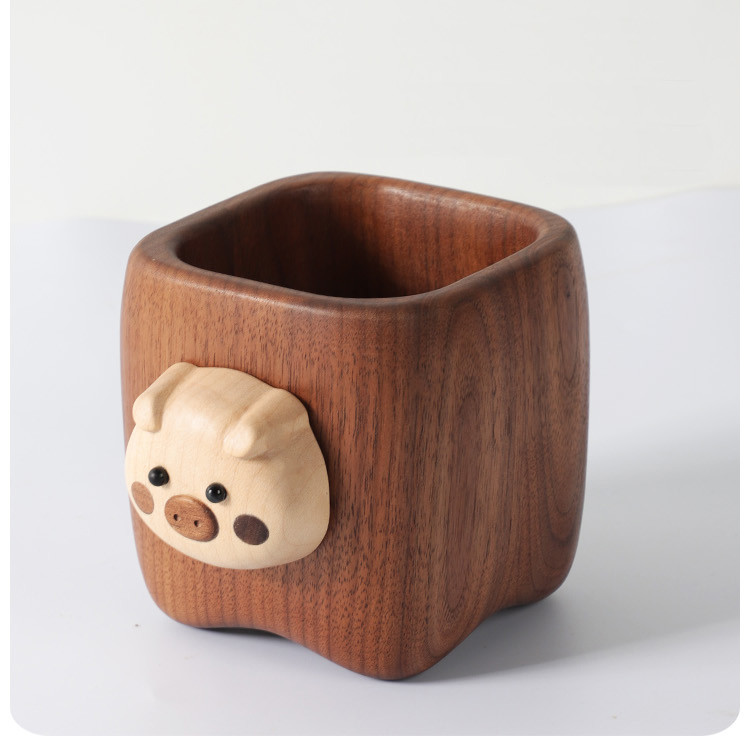 Cute Little Pig Wooden Pen Holder - Desktop Organizer