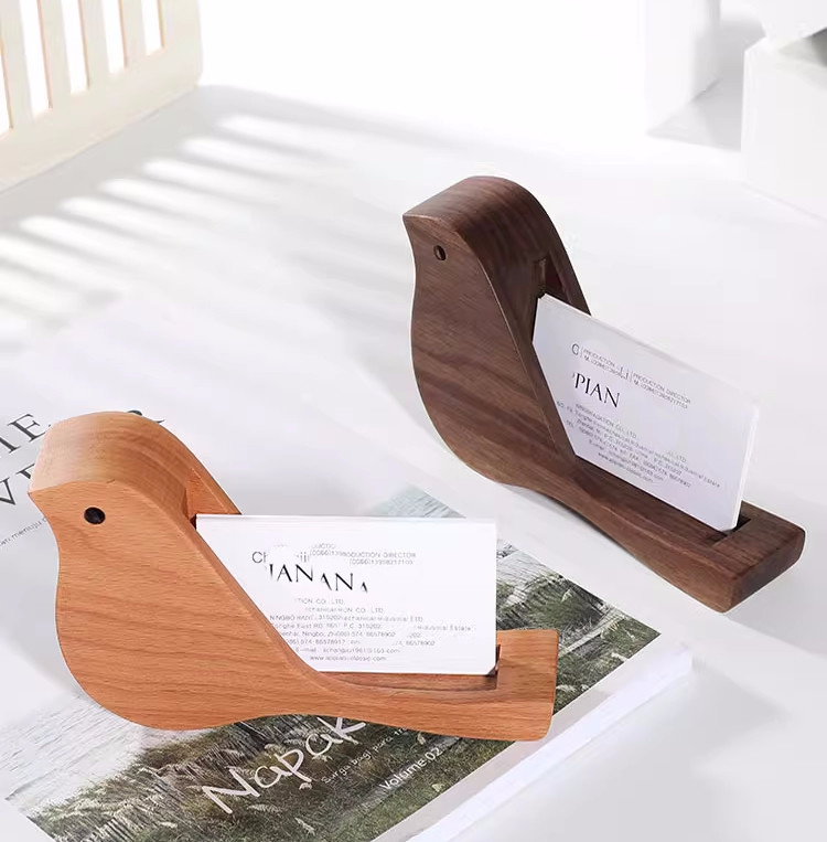Cute Wooden Bird Business Card Holder - Office Desk Decor