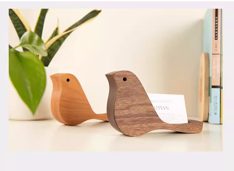 Cute Wooden Bird Business Card Holder - Office Desk Decor