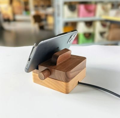 Black Walnut Beech Phone Charging Base, Wooden Mobile Phone Holder