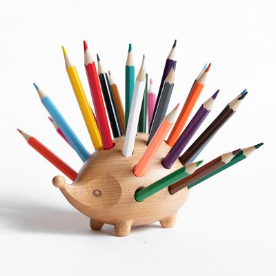 Amazing Multiple Pen Holes Wooden Hedgehog Pen Holder - Office And Study Organizer