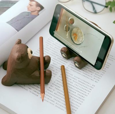 Brown Bear Phone Stand - Lovely Wooden Desktop Decoration