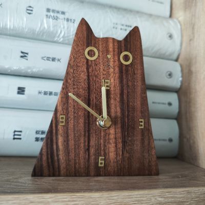 Fun Abstract Big-Eyed Cat Wooden Desk Clock