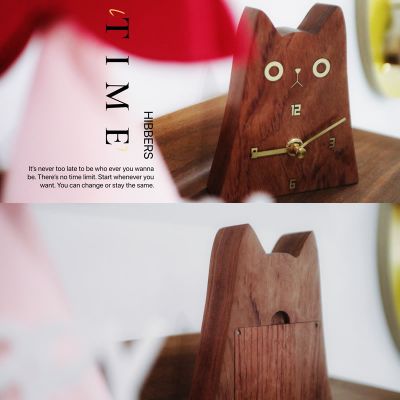 Fun Abstract Big-Eyed Cat Wooden Desk Clock