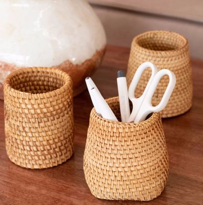 Handcrafted Rattan Pen Holder - Desktop Organizer