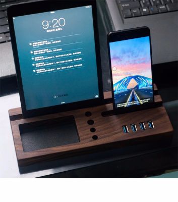 Multi-Functional Black Walnut Wood Usb Hub - Storage Rack And Phone Stand