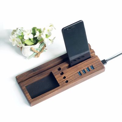 Multi-Functional Black Walnut Wood Usb Hub - Storage Rack And Phone Stand