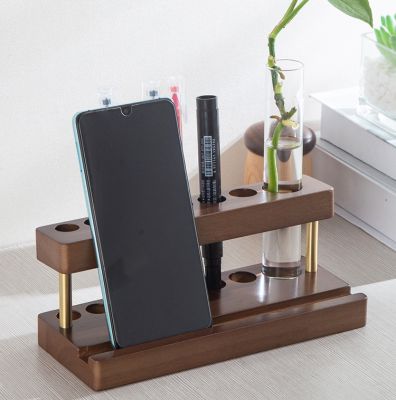 Multiple Holes Wooden Pen Holder With Mobile Phone Holder