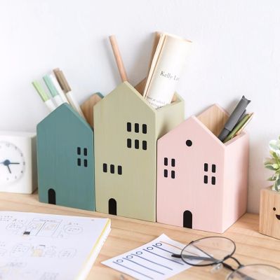 Small Wooden House Pen Holder - Desktop Organizer