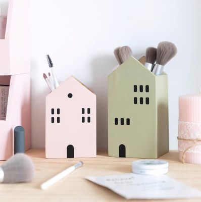 Small Wooden House Pen Holder - Desktop Organizer