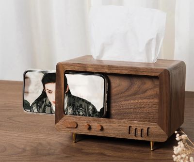 Tissue Box For Tv, Black Walnut Wood, Phone Holder