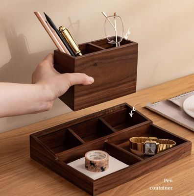 Wood Storage Box - Black Walnut Pen Holder and Multiple Compartment Organizer