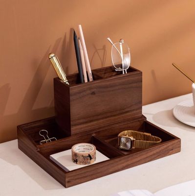 Wood Storage Box - Black Walnut Pen Holder and Multiple Compartment Organizer