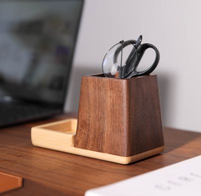 Wooden Storage Pen Holder - Black Walnut Stationery Organizer