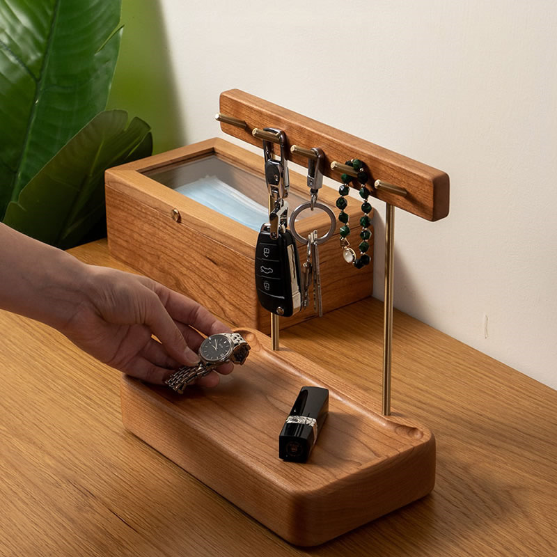 Desktop Wooden Organizer Hooks For Keys,Storage Box