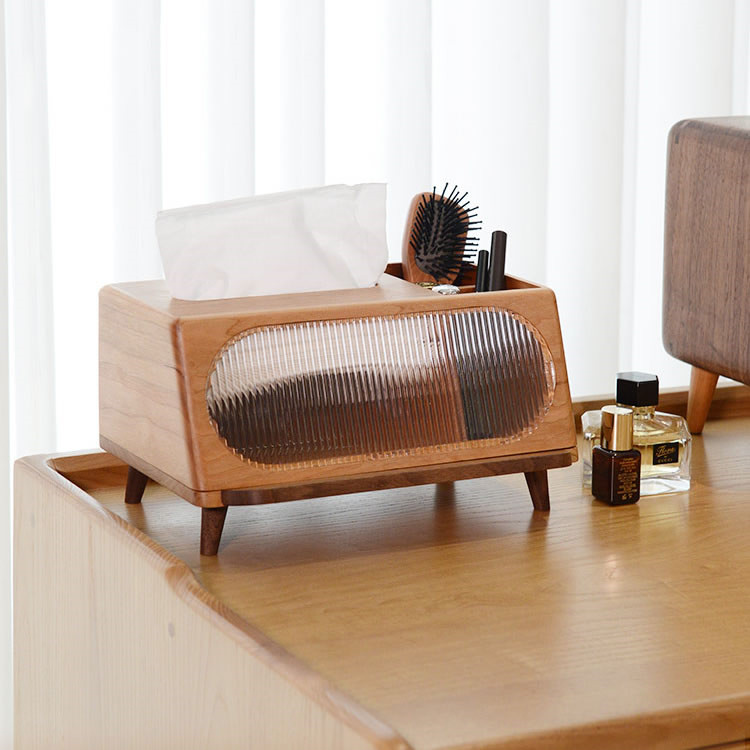 Minimalist Wooden Tissue Box - Desktop Organizer With Phone Holder