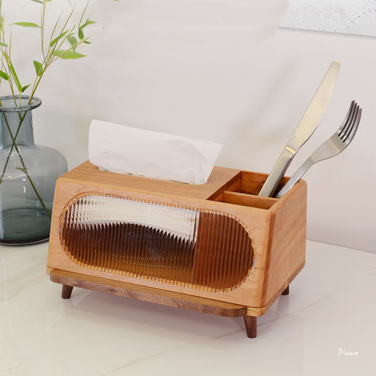 Minimalist Wooden Tissue Box - Desktop Organizer With Phone Holder