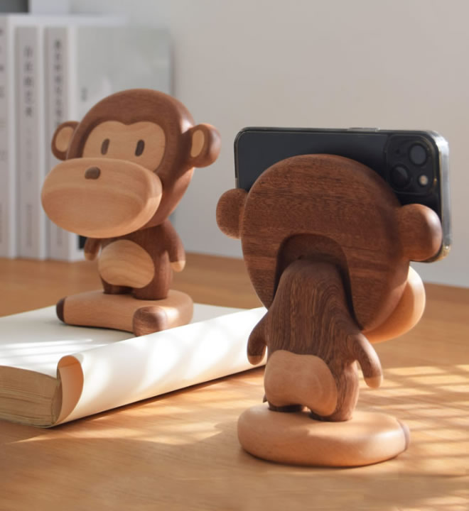 Monkey Phone Holder, Natural Wood Fun Design, Table Decoration