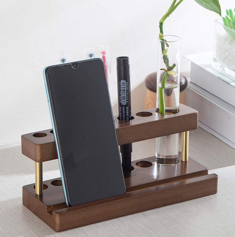 Multiple Holes Wooden Pen Holder With Mobile Phone Holder