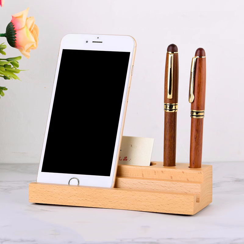 Office Wooden Pen Holder, Business Card Box, And Phone Stand