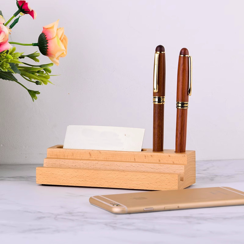 Office Wooden Pen Holder, Business Card Box, And Phone Stand