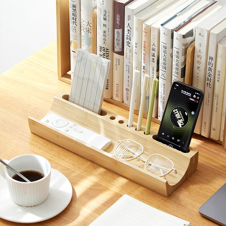 Simple Bamboo Wood Desktop Organizer - Pen Holder And Phone Stand