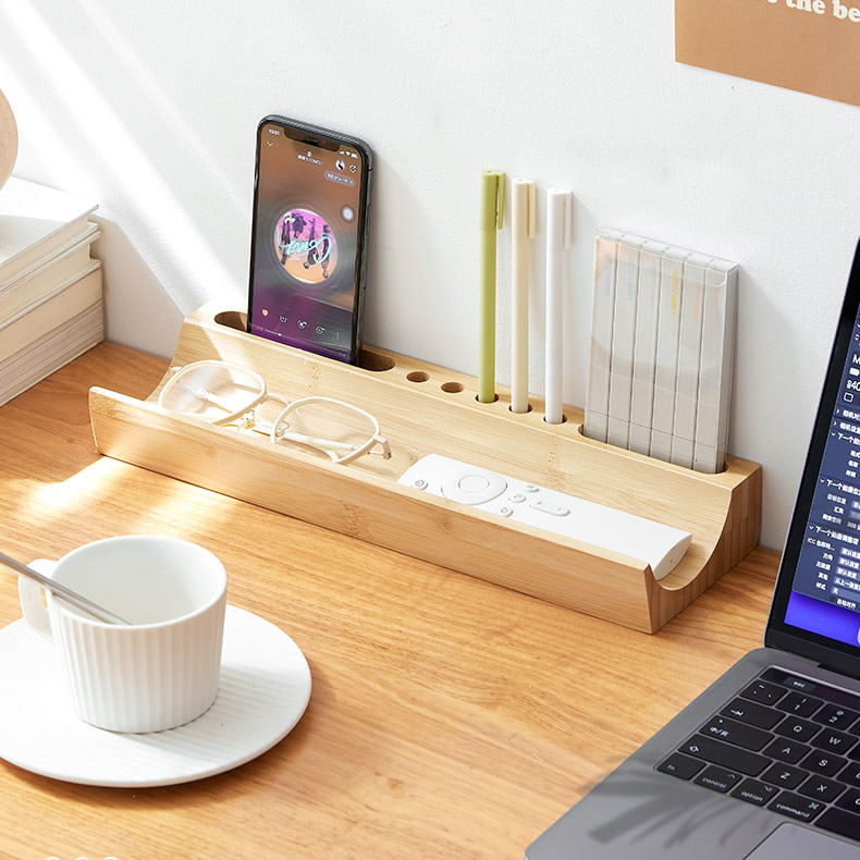 Simple Bamboo Wood Desktop Organizer - Pen Holder And Phone Stand