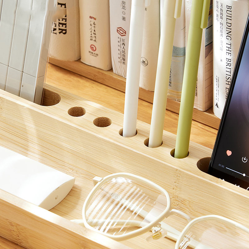 Simple Bamboo Wood Desktop Organizer - Pen Holder And Phone Stand