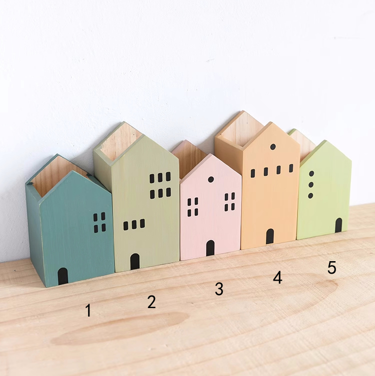 Small Wooden House Pen Holder - Desktop Organizer