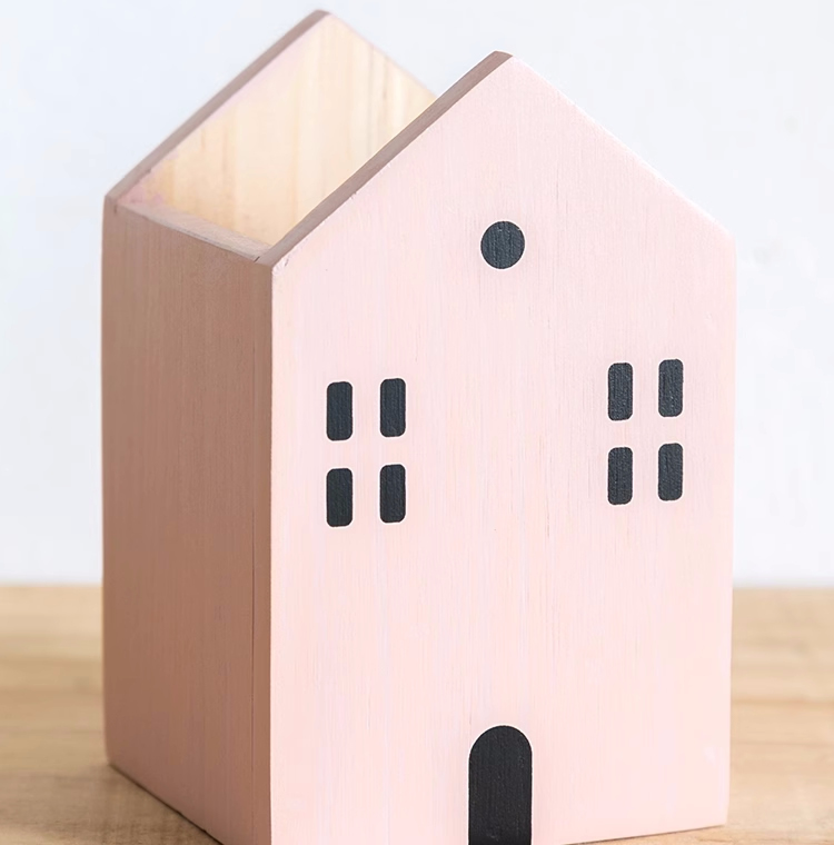 Small Wooden House Pen Holder - Desktop Organizer