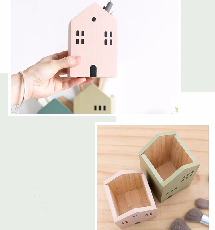 Small Wooden House Pen Holder - Desktop Organizer