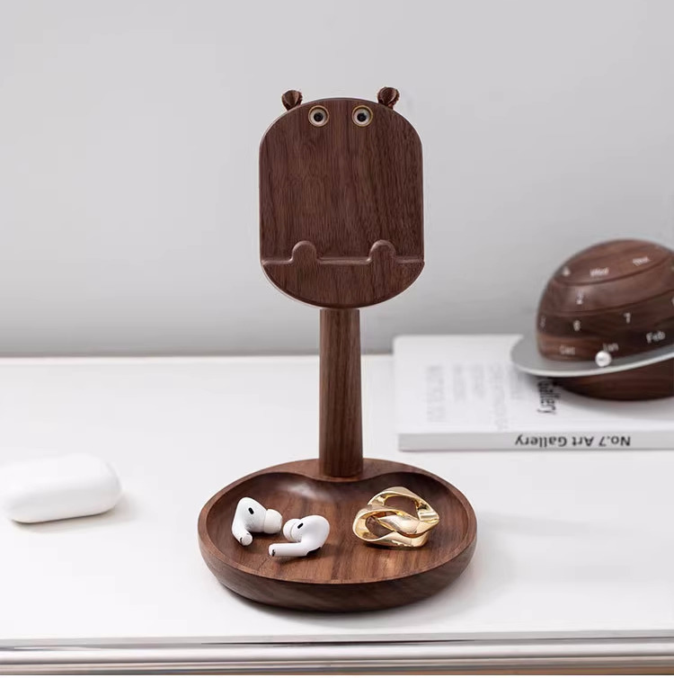Whimsical Hippo Phone Stand - Black Walnut Wood Organizer Tray