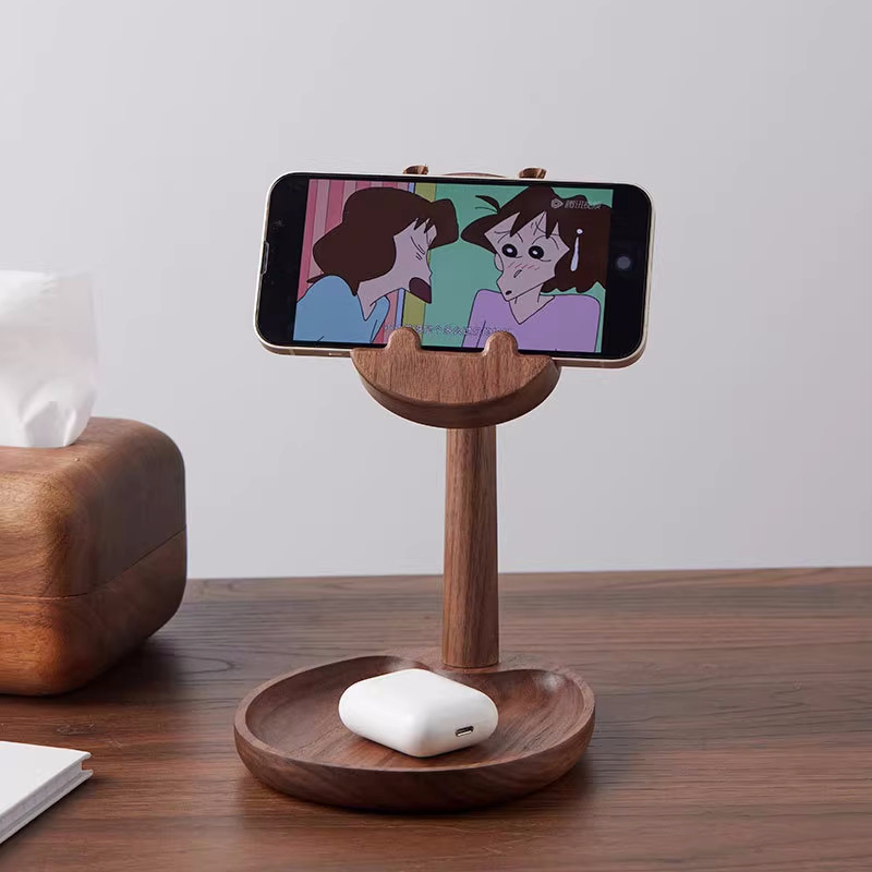 Whimsical Hippo Phone Stand - Black Walnut Wood Organizer Tray