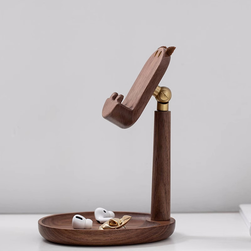 Whimsical Hippo Phone Stand - Black Walnut Wood Organizer Tray