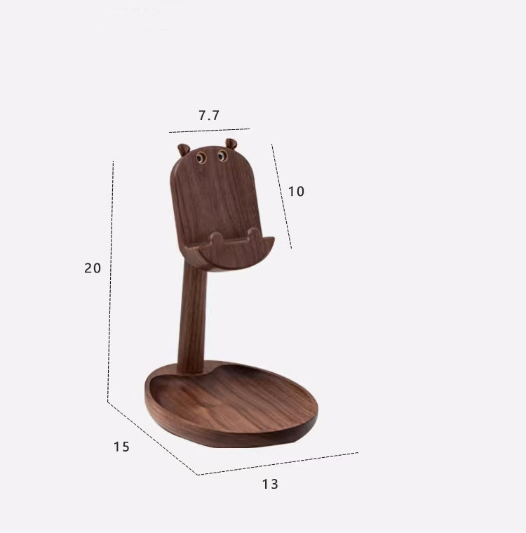 Whimsical Hippo Phone Stand - Black Walnut Wood Organizer Tray