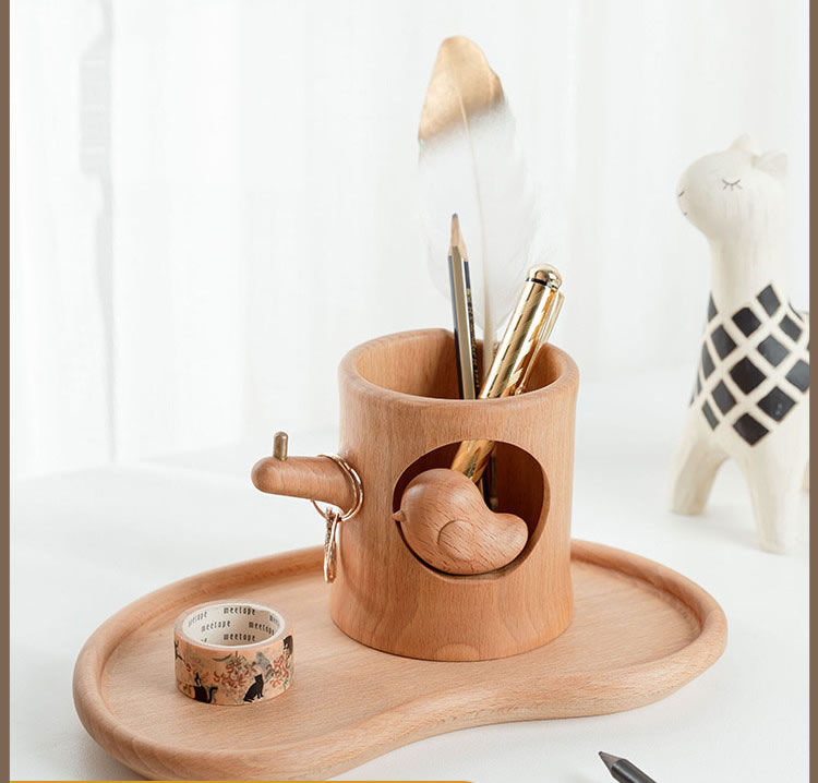 Whimsical Wooden Bird Desktop Pen Holder - Perfect For Office And Study