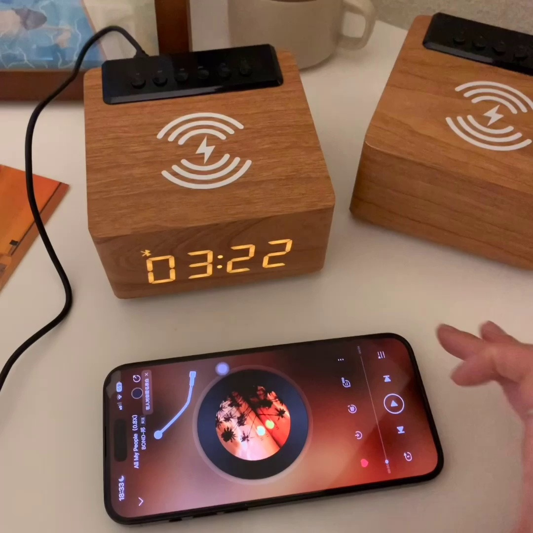 Wooden Bluetooth Speaker, Large Digital Clock, Wireless Charging For Phones