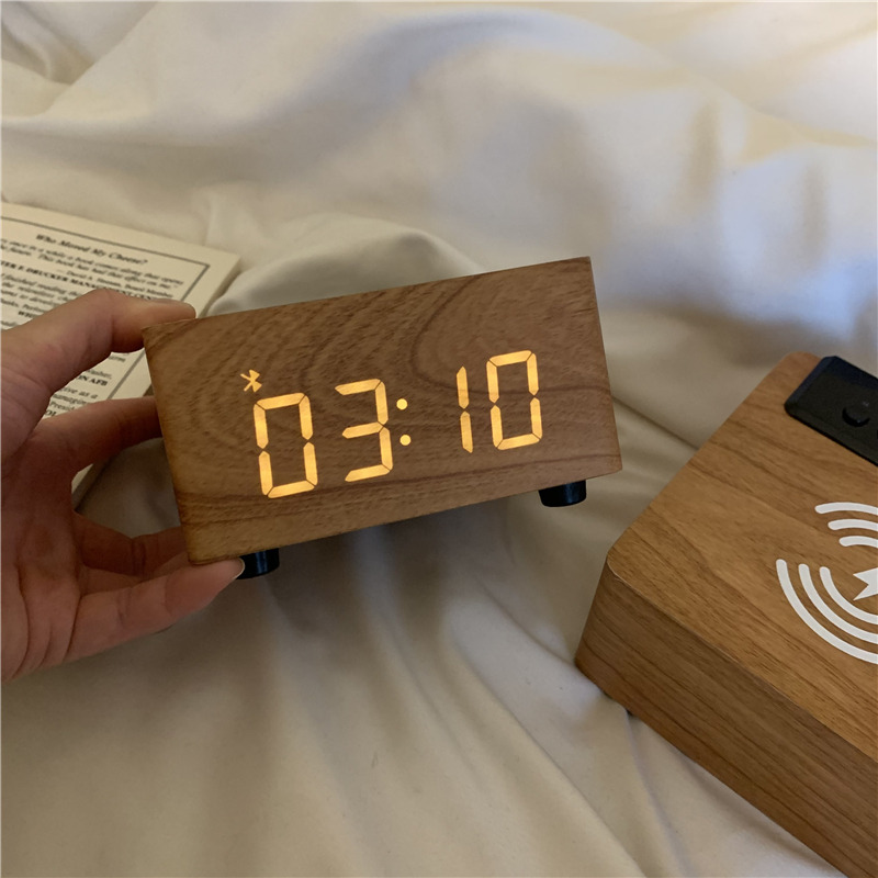 Wooden Bluetooth Speaker, Large Digital Clock, Wireless Charging For Phones